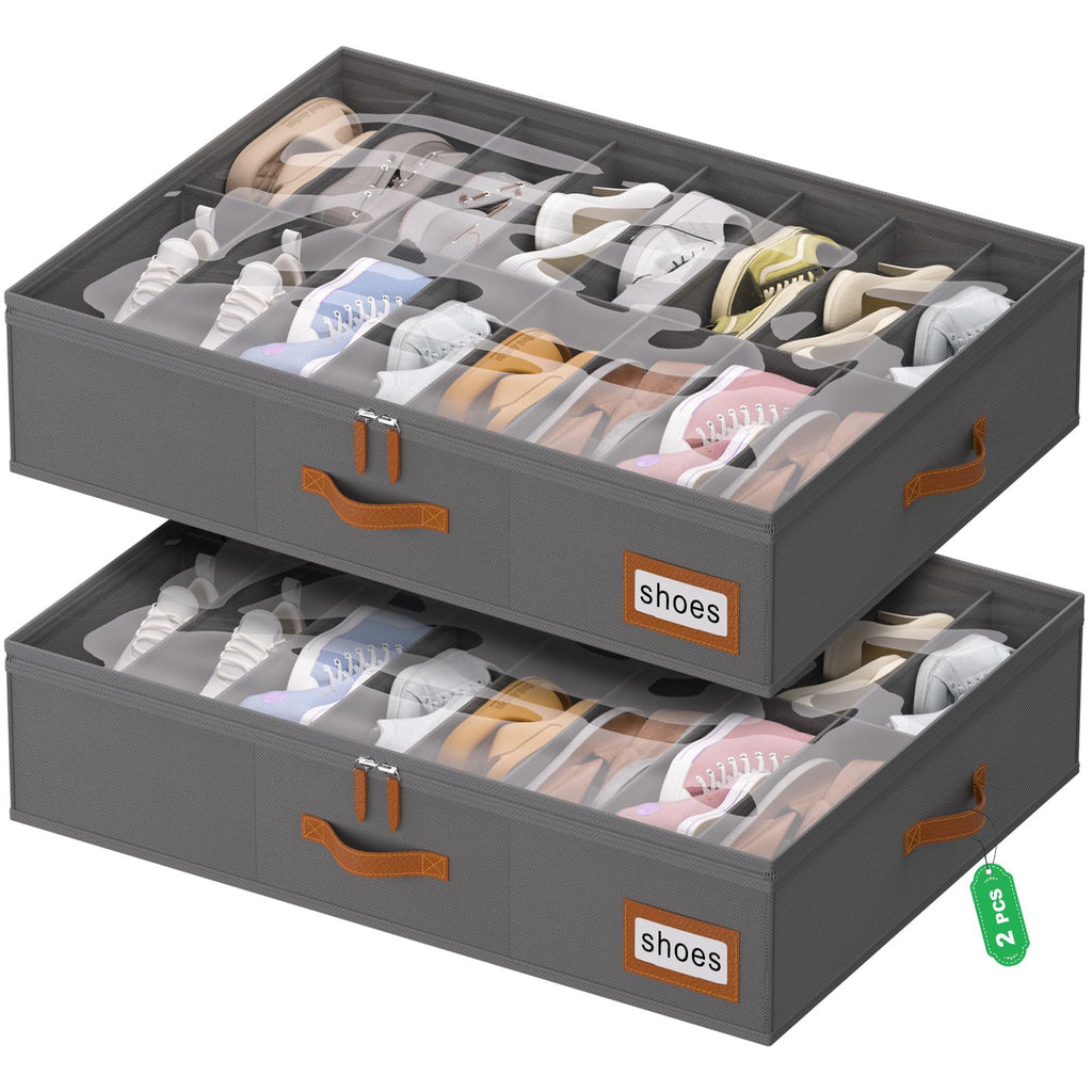 homyfort Under Bed Shoe Storage Organizer for Closet Fits 24 Pairs-Sturdy Underbed Shoe Storage Box Bins,Set of 2 (Linen-like Black)