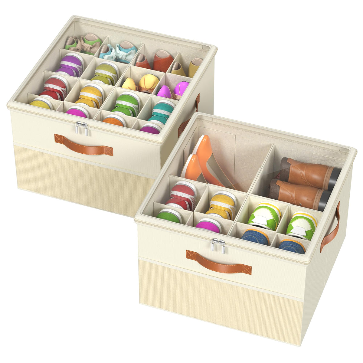 Shoe Organizer for Closet, 2 Pack Foldable Shoe Storage Organizer Box Bin with Adjustable Dividers and Clear Cover, Fits up to 16-32 Pairs（Grey&Beige）