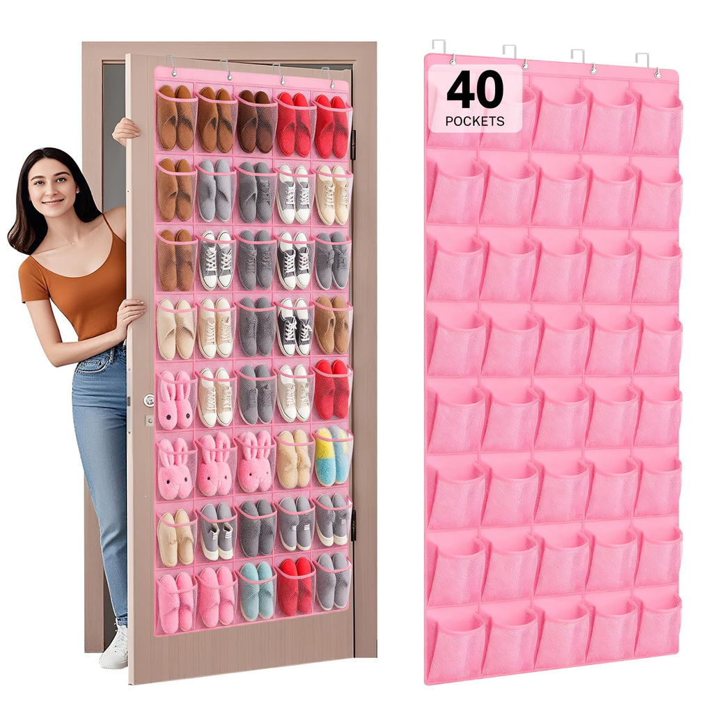 40 Large Mesh Pocket Over the Door Shoe Organizer,Hanging Shoe Rack for Door,Hualleko Shoes Organizer Hanger with Large Capacity, Shoes Storage Holder Sturdy Non-woven Fabric - Stores 20 Pairs (White)