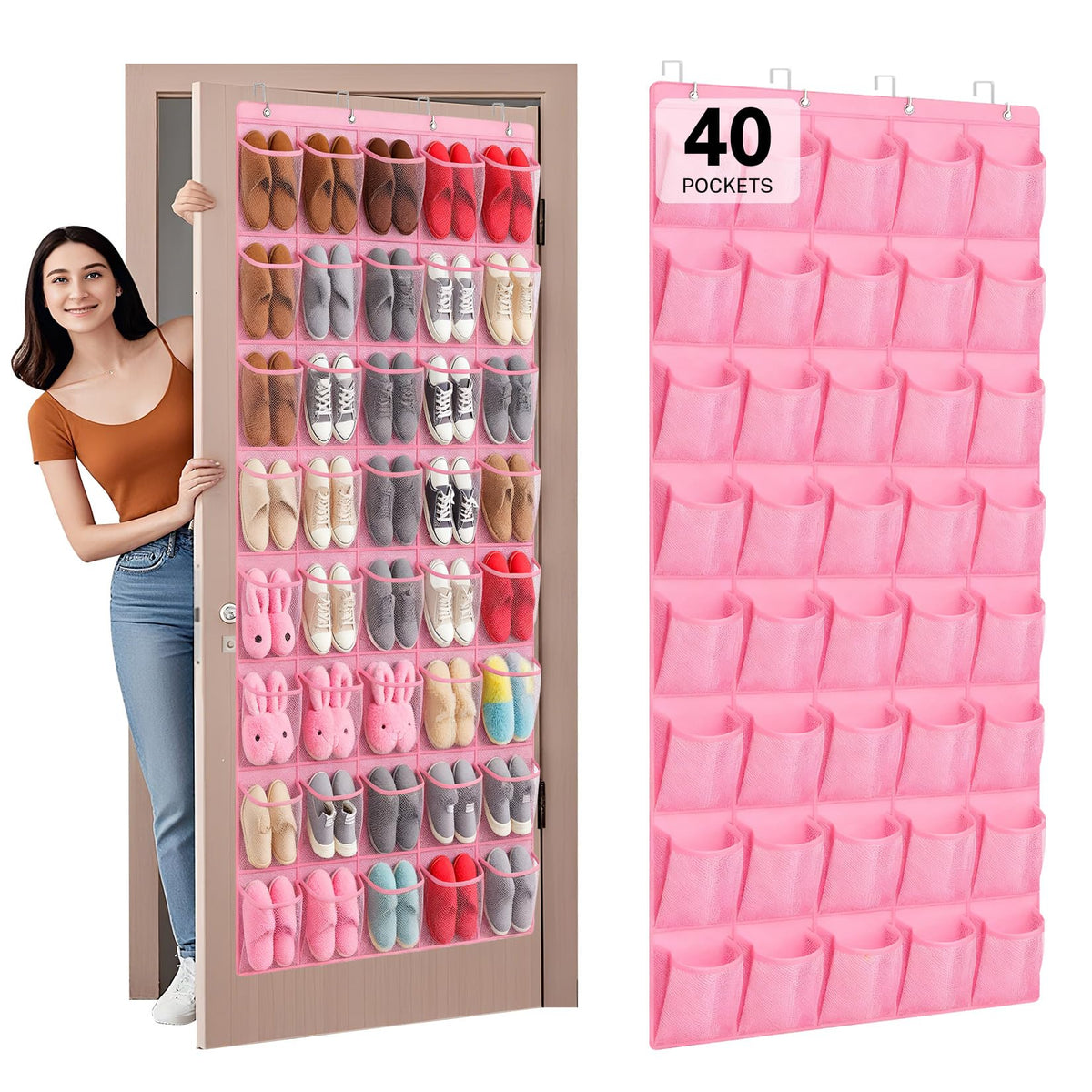 40 Large Mesh Pocket Over the Door Shoe Organizer,Hanging Shoe Rack for Door,Hualleko Shoes Organizer Hanger with Large Capacity, Shoes Storage Holder Sturdy Non-woven Fabric - Stores 20 Pairs (White)