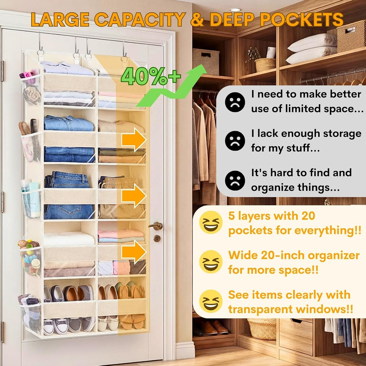 Ofiray-home Over the Door Organizer 5 Tiers,Extra Large Behind Door Storage of 10 Compartments,80 lbs Weight Capacity Over the Door Storage, Door Hanging Organizer for Closet, Diaper Organizer, Beige