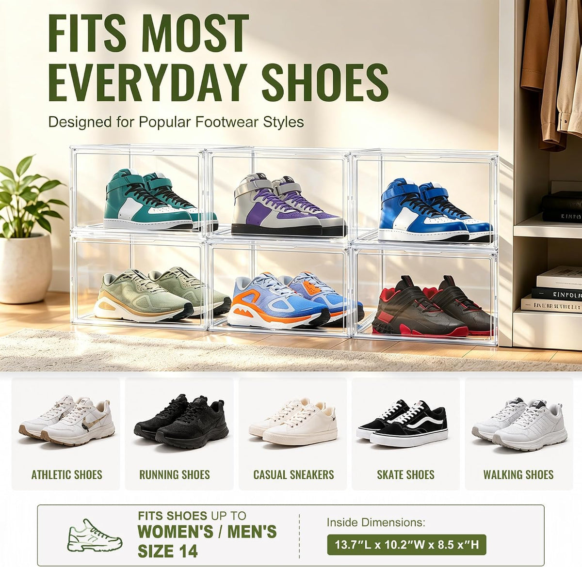 Heavy Duty Acrylic-Look Shoe Box, Size 14, Stack Everyday Footwear Storage