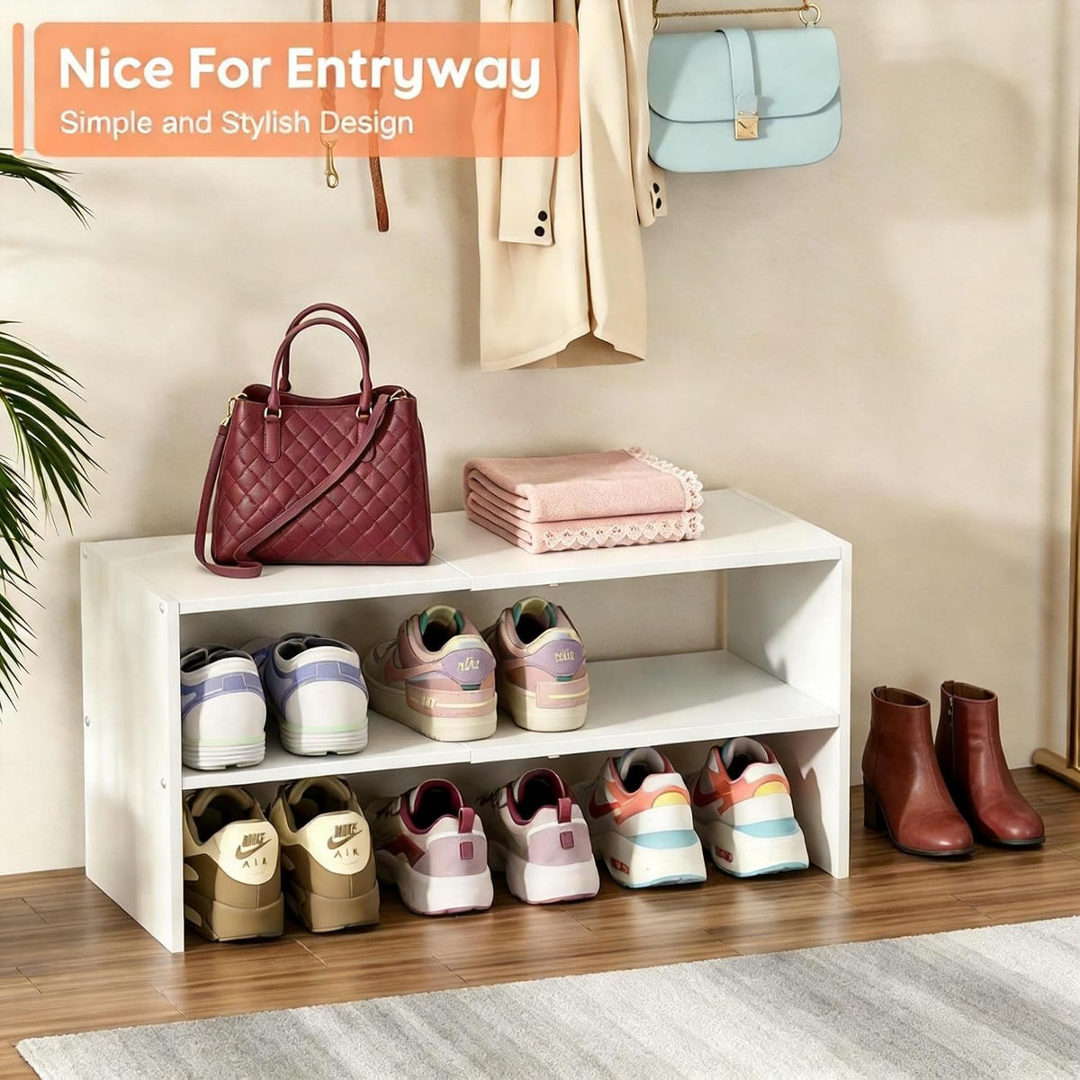 2 Pack Expandable White Shoe Rack Organizer for Closet, 2-Tier Stackable Shoe Storage Shelf, Small Iron Wood Combination Shoe Shelves for Closets,Entryway,Front Door, Narrow Space,Hallway,15-24 Pairs