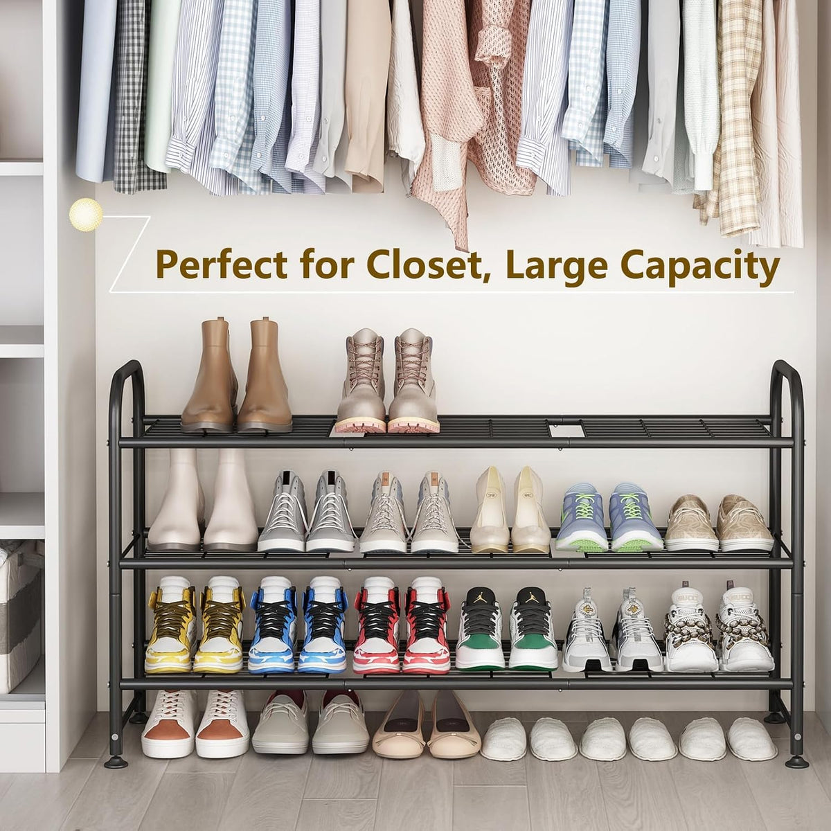 LINZINAR 3 Tier Long Shoe Rack for Closet Metal Shoe Organizer for Entryway
