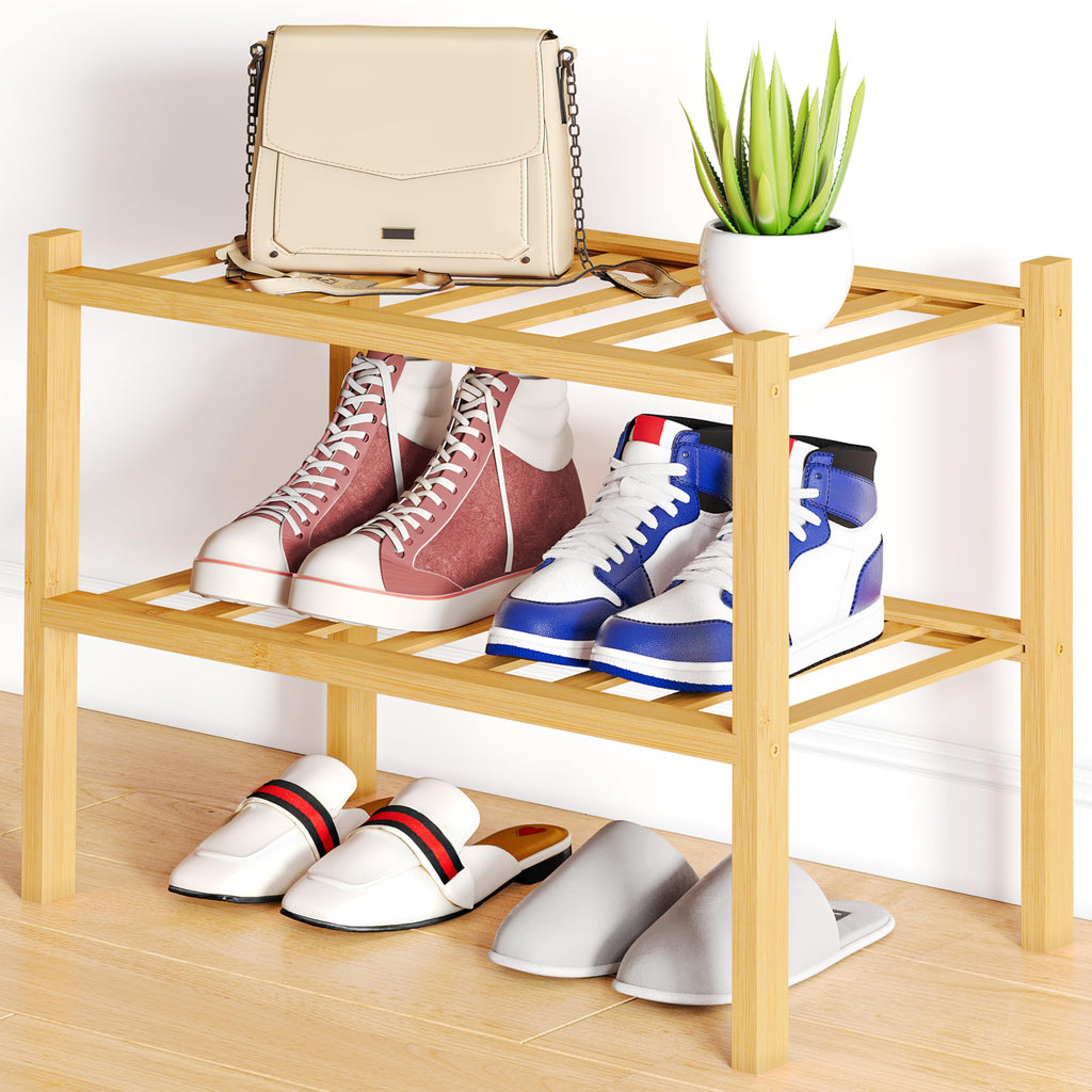 Smiry Bamboo Shoe Rack, 12 Vertical Slats, 3 Tier - 26.8" Wide, Natural
