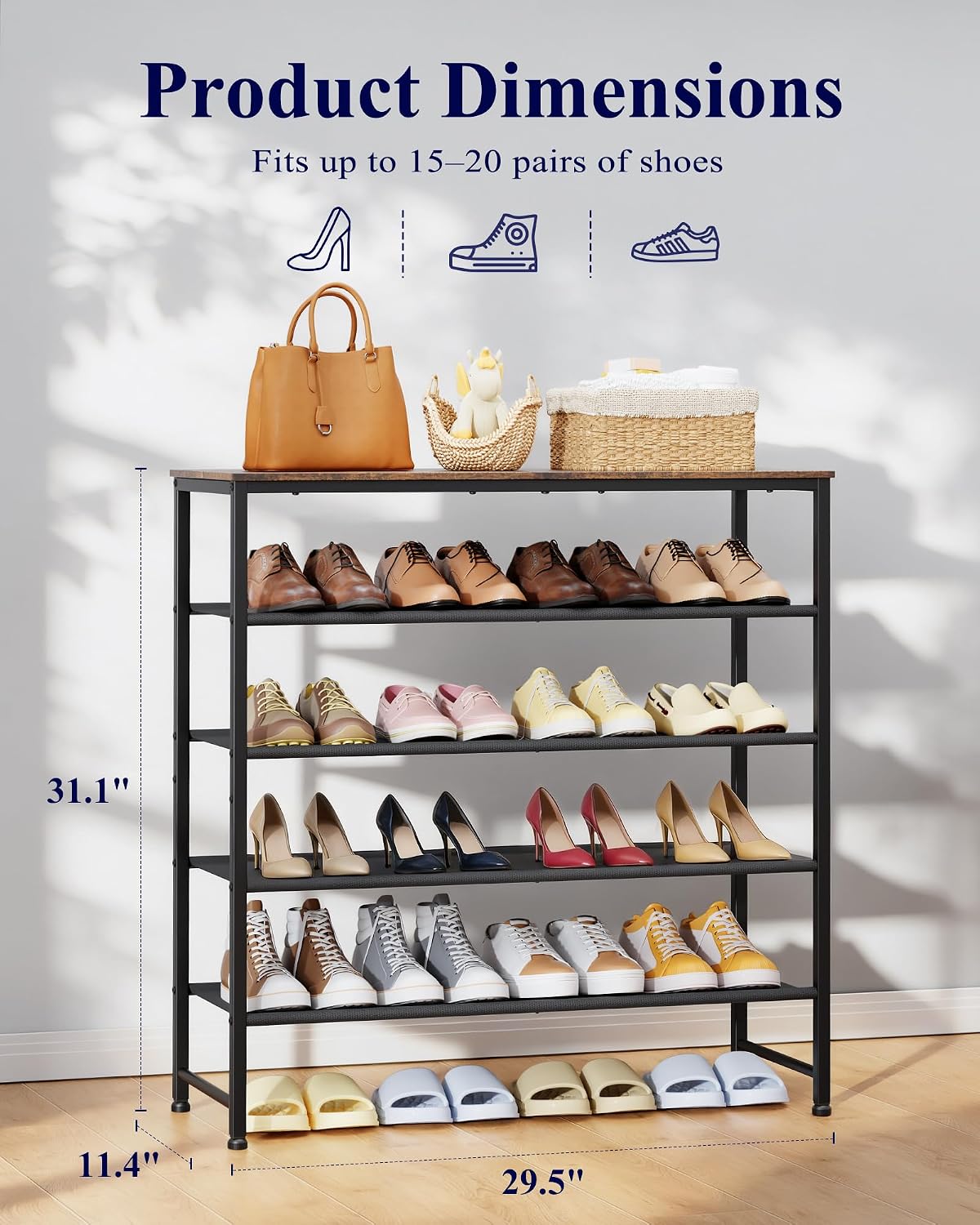 Kitsure 5-Tier Shoe Rack with Wooden Top, 29.5" x 11.4" x 31.1", Brown