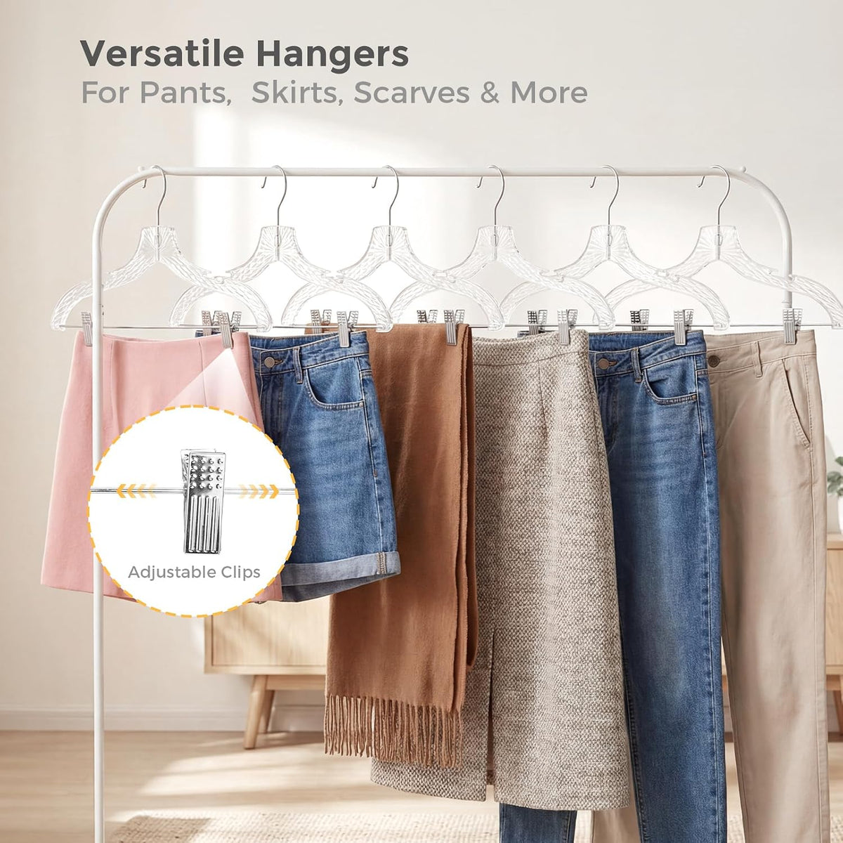 HOUSE DAY Clear Hangers with Clips 12 Pack, Set Hanger for Tops and Bottoms
