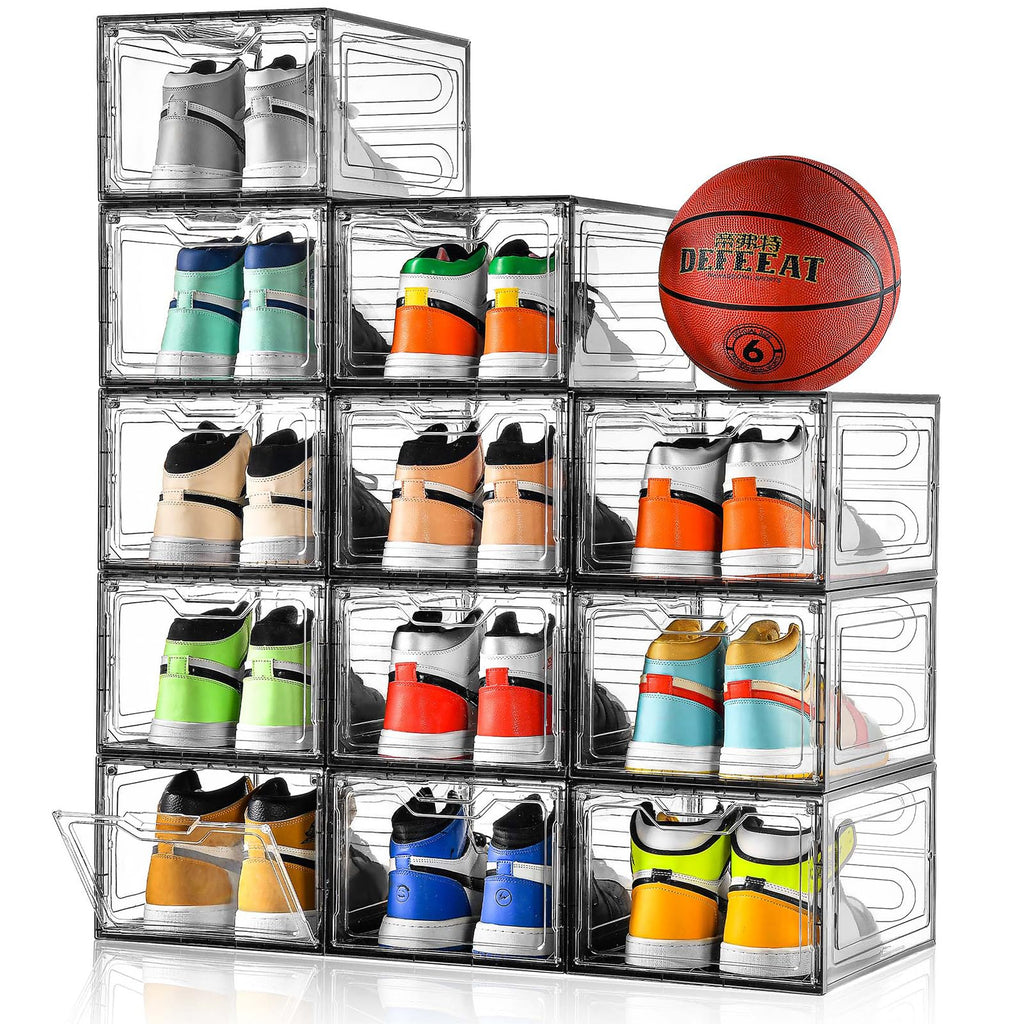 12 Pack Thicken & Sturdy Clear Shoe Storage Organizer with Magnetic Door, Shoe Boxes Clear Plastic Stackable for Closet, Shoe Rack for Sneaker Boot Container, Shoe Cabinet Fit up to US Size 12
