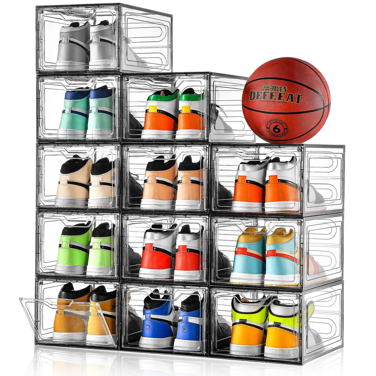 12 Pack Thicken & Sturdy Clear Shoe Storage Organizer with Magnetic Door, Shoe Boxes Clear Plastic Stackable for Closet, Shoe Rack for Sneaker Boot Container, Shoe Cabinet Fit up to US Size 12