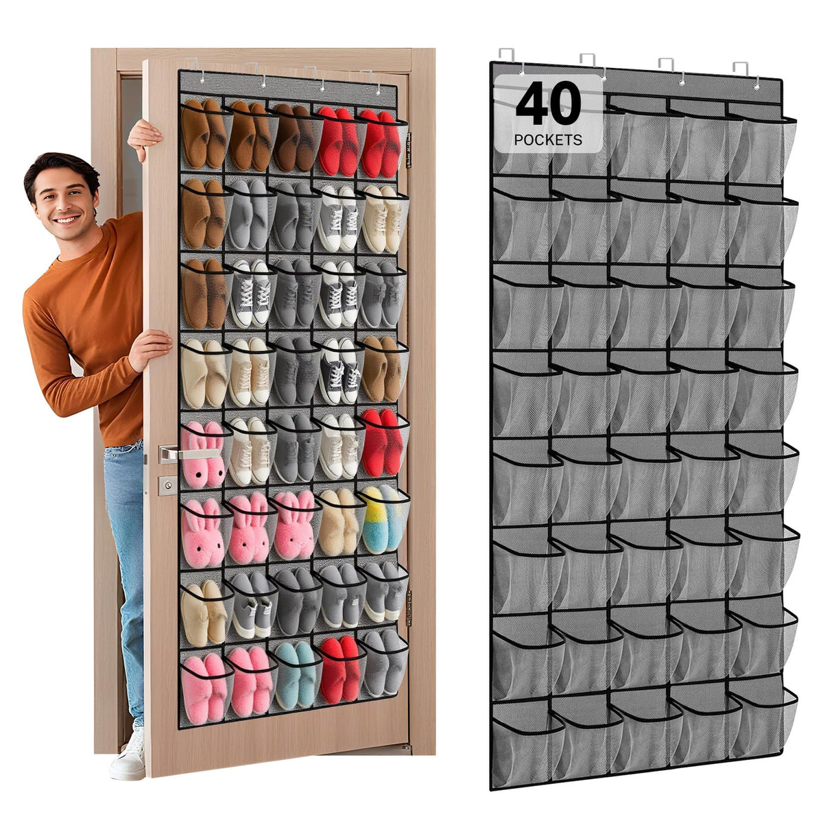 40 Large Mesh Pocket Over the Door Shoe Organizer,Hanging Shoe Rack for Door,Hualleko Shoes Organizer Hanger with Large Capacity, Shoes Storage Holder Sturdy Non-woven Fabric - Stores 20 Pairs (White)
