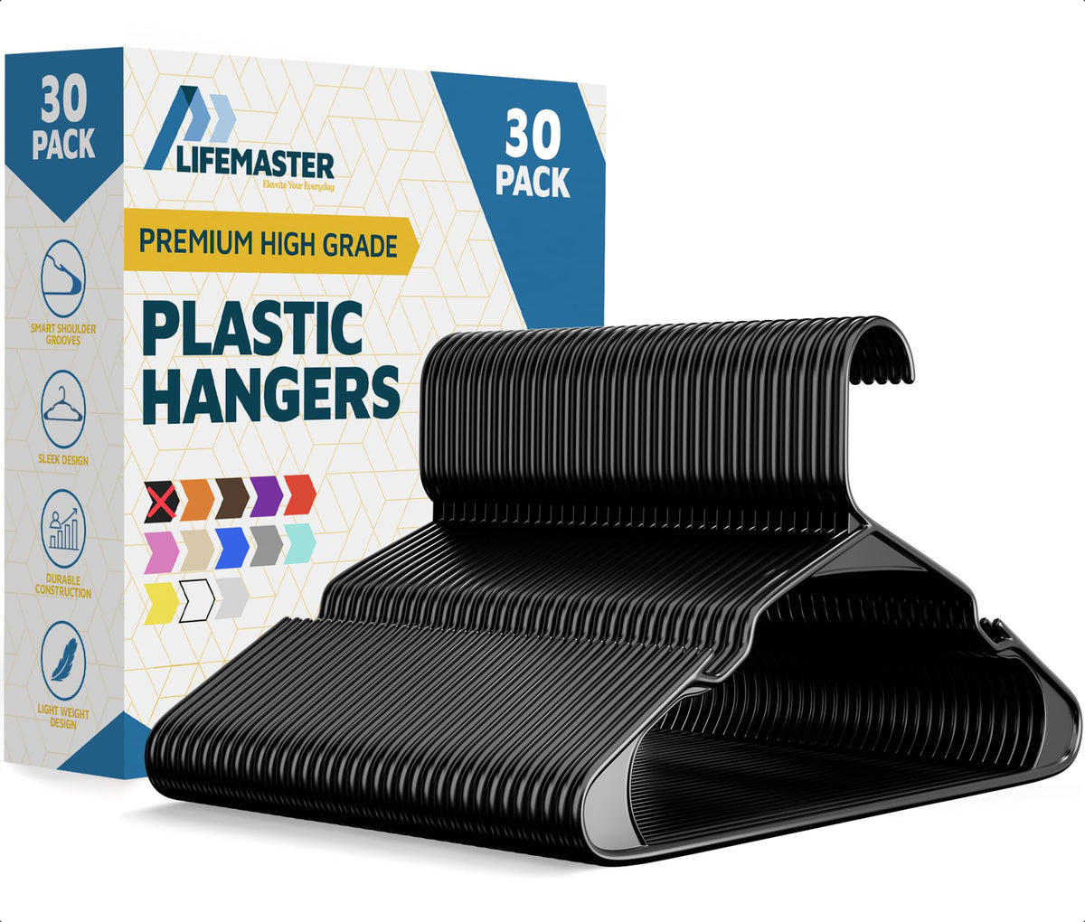 Lifemaster Plastic Clothes Hanger Set - 30 Pieces Versatile, Lightweight, Space-Saving, Non-Slip, Slim Designed, Dry and Wet Clothes Hanger Set - White