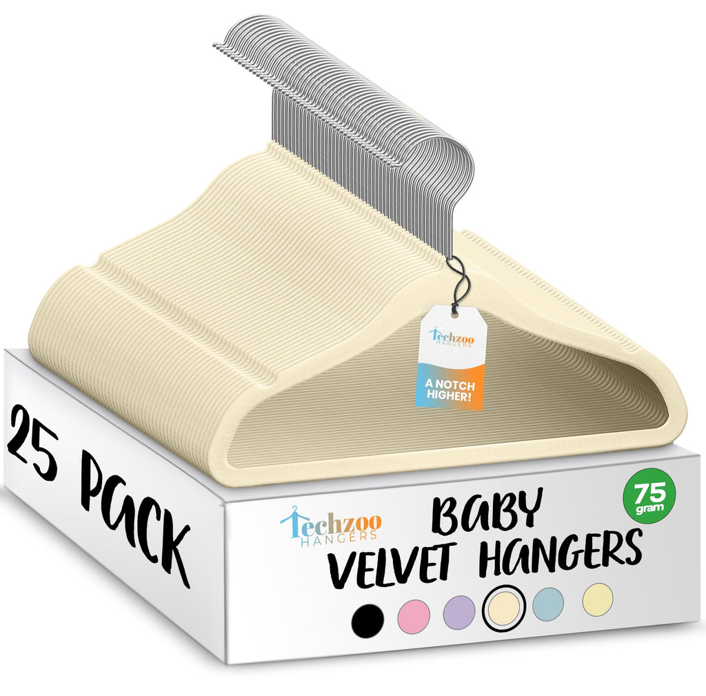 TechZoo 50 Premium Baby Velvet Hangers - 11.8" Non-Slip, Ultra-Slim Space-Saving Children Closet Hangers - 360° Swivel Hook, Strong & Durable Infant & Toddler Clothes Hangers for Wardrobe - Ivory