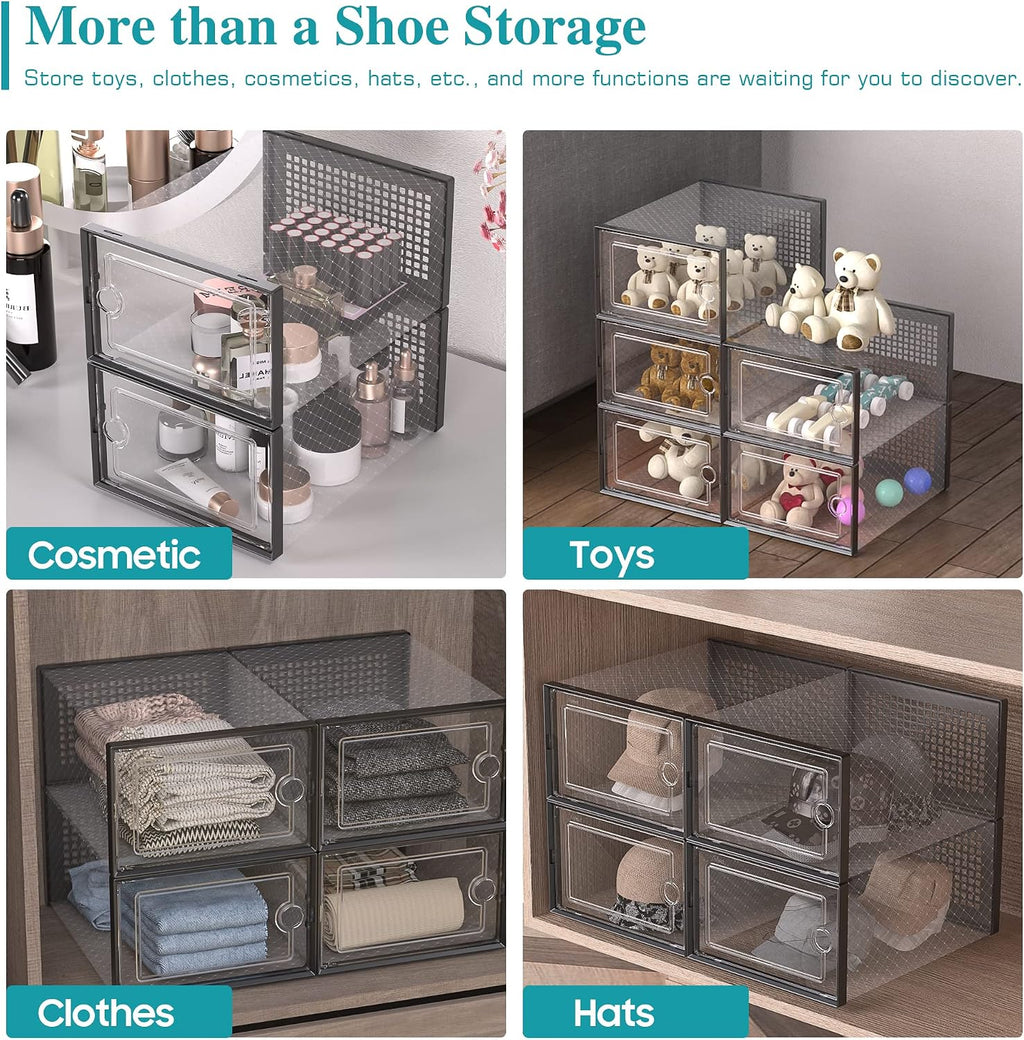 Kuject 12 Pack Large Shoe Boxes, Clear Stackable Containers with Lids,Black
