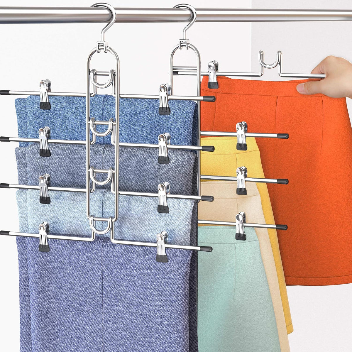 Pants Hangers With Clips, Newly Upgraded Detachable Space Saving Hangers for Skirts, Shorts & Trousers with Non slip clip,Heavy Duty Skirt Hangers - Hanging Closet Organizer And Storage,Patent Pending