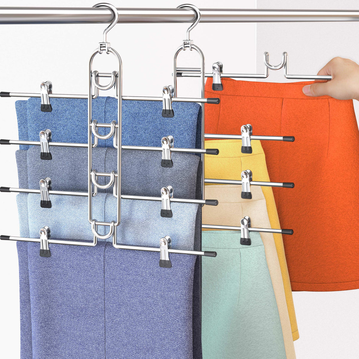 Pants Hangers With Clips, Newly Upgraded Detachable Space Saving Hangers for Skirts, Shorts & Trousers with Non slip clip,Heavy Duty Skirt Hangers - Hanging Closet Organizer And Storage,Patent Pending