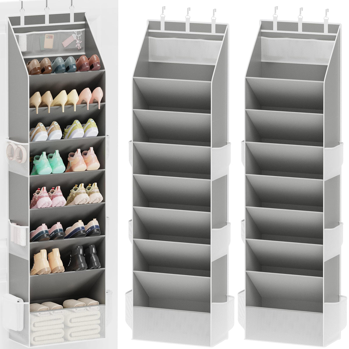 Criusia Shoe Organizer, Over the Door Shoe Organizer, Hanging Closet Shoe Storage with Large Deep Pockets, Fits 16–24 Pairs of Sneakers, Sandals, Boots, Gray