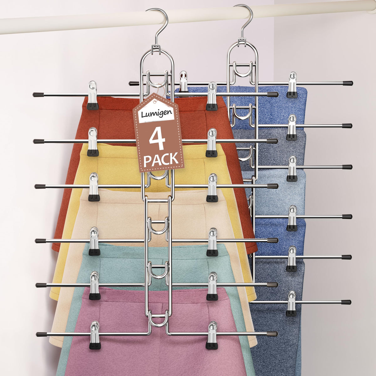 Pants Hangers With Clips, Newly Upgraded Detachable Space Saving Hangers for Skirts, Shorts & Trousers with Non slip clip,Heavy Duty Skirt Hangers - Hanging Closet Organizer And Storage,Patent Pending