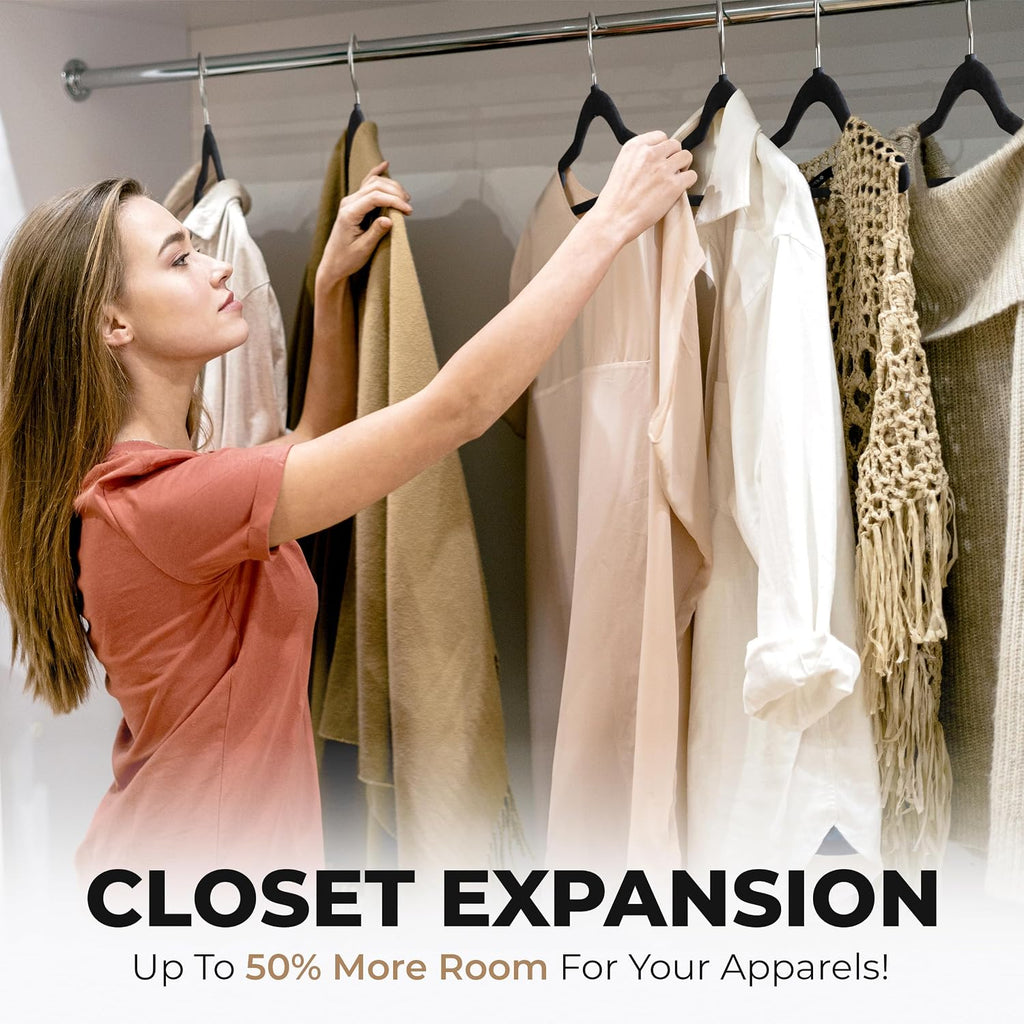 Our Modern Space 100 Pack Velvet Hanger for Shirt Pants Dresses Skirts Suits Jackets - Slim Space Saving Design - Standard Coat Hanger - Sturdy & Durable Design with Shoulder Grooves Hook